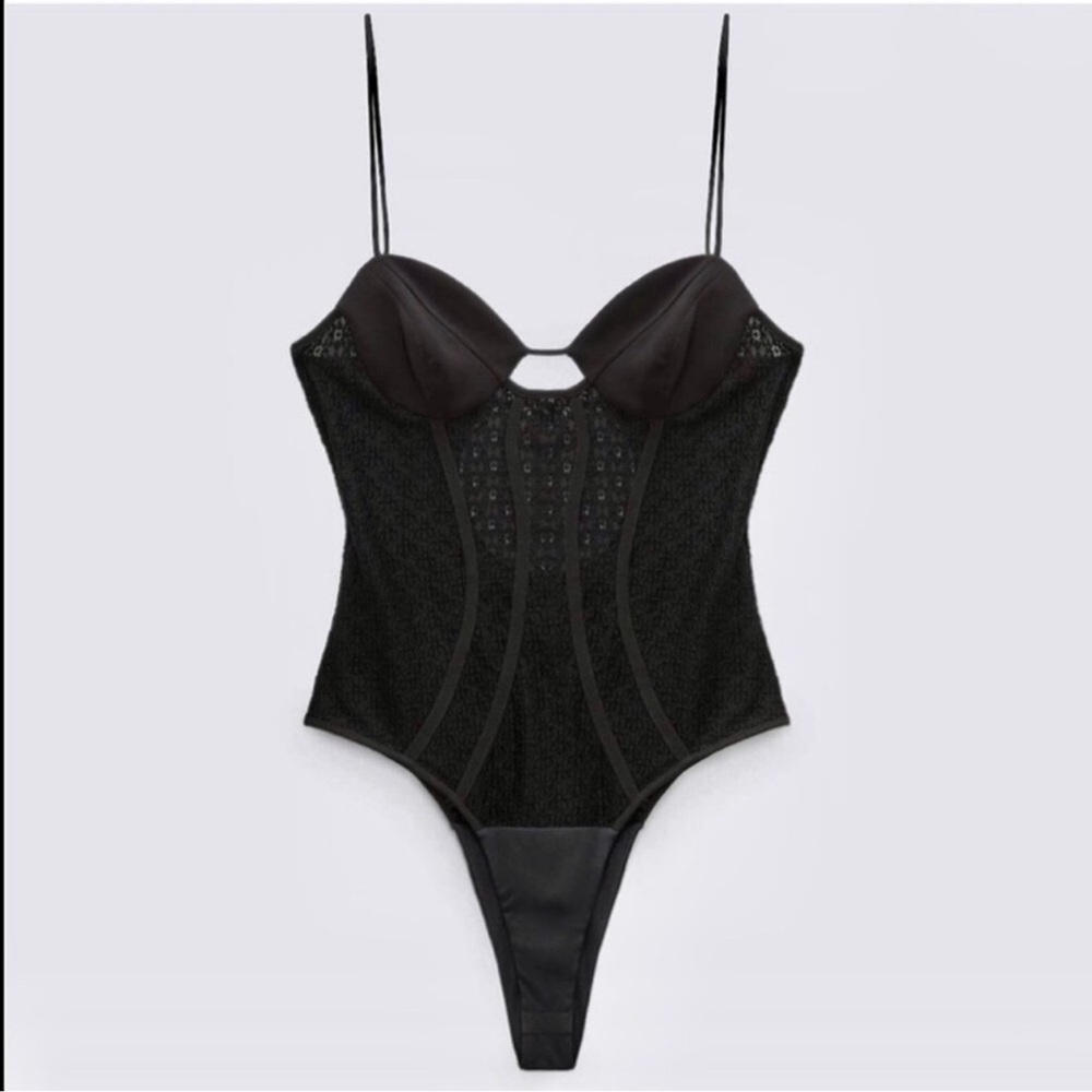 NWT Zara Strappy lace  bodysuit black size M - Picture 2 of 13